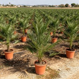 European Fan Palm (Chamaerops humilis) in 35L container, 22cm trunk circumference, nursery-grown in Alicante